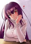  blush breasts chin_rest commentary_request fate/grand_order fate_(series) halterneck hand_on_own_chin heart highres kami_mitsugu_(kamiken) large_breasts long_hair looking_at_viewer purple_hair red_eyes ribbed_sweater scathach_(fate)_(all) scathach_(fate/grand_order) smile solo sweater 