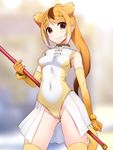  animal_ears bare_shoulders blush breasts circlet covered_navel elbow_gloves extra_ears gloves golden_snub-nosed_monkey_(kemono_friends) gradient_hair groin highleg highleg_leotard kemono_friends leotard long_hair looking_at_viewer monkey_ears monkey_tail multicolored_hair orange_hair ponytail red_eyes skirt sleeveless small_breasts smile solo staff standing tail thighhighs totokichi two-tone_hair yellow_leotard 