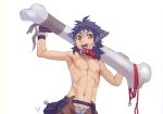  2018 animal_humanoid blue_hair bone brown_eyes clothed clothing collar front_view gloves hair holding_object humanoid kiske_7key leash navel nipples open_mouth open_pants signature simple_background smile standing topless white_background young 