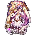  angel_wings bed_frame breasts clock floating_headgear hourglass large_breasts last_period long_hair looking_at_viewer official_art purple_eyes purple_hair skirt staff star thighs torn_clothes vines wings 