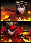  1boy 1girl anime_coloring black_border black_cape black_hair border brother_and_sister cape constricted_pupils fate/grand_order fate_(series) fire floating_hair gloves hair_over_one_eye hand_on_own_chest hat koha-ace long_hair oda_nobukatsu_(fate/grand_order) oda_nobunaga_(fate) ponytail red_cape red_eyes shako_cap siblings sidelocks split_screen white_gloves 