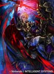  aless_(fire_emblem) armor armored_boots blonde_hair boots brown_eyes cape clover_k company_connection copyright_name detached_sleeves fire_emblem fire_emblem:_seisen_no_keifu fire_emblem_cipher gloves glowing glowing_weapon holding holding_weapon male_focus mystletainn night night_sky official_art riding short_hair sky sword weapon 