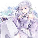  absurdres bare_shoulders blush bow braid breasts cat cleavage dress emilia_(re:zero) flower french_braid frown gem hair_flower hair_ornament hairpin hanakanzarashi hand_on_own_chest highres jewelry long_hair looking_away open_mouth pleated_dress pointy_ears puck_(re:zero) purple_eyes purple_hair re:zero_kara_hajimeru_isekai_seikatsu ribbon sitting small_breasts solo teeth thighhighs tied_hair white_dress white_legwear wide_sleeves x_hair_ornament 