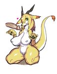  &lt;3 anthro big_breasts blonde_hair breasts disembodied_penis dragon faceless_male female fur furred_dragon green_eyes hair horn huge_breasts humanoid_penis jijis-waifus male nipple_bulge oh-jiji penis simple_background smile solo thick_thighs white_background wide_hips yellow_fur 