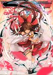  1girl ascot bow brown_hair clog_sandals detached_sleeves gohei hair_bow hair_tubes hakurei_reimu highres long_hair looking_at_viewer ofuda outdoors petals petticoat red_bow red_eyes red_skirt ribbon-trimmed_sleeves ribbon_trim shide sidelocks skirt socks solo standing standing_on_one_leg torii touhou very_long_hair vest white_legwear yin_yang 