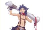  2018 animal_humanoid blue_hair bone brown_eyes clothing collar front_view gloves hair holding_object humanoid kiske_7key leash navel nipples open_mouth open_pants signature simple_background smile standing white_background young 