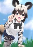  :o african_wild_dog_(kemono_friends) african_wild_dog_print animal_ears black_eyes black_neckwear black_ribbon blonde_hair blue_sky blurry blush brown_hair claw_pose clenched_hand cloud cloudy_sky collared_shirt commentary_request crawling day denim denim_shorts depth_of_field dog_ears dog_tail eyebrows_visible_through_hair eyelashes fingernails grass hair_between_eyes hand_up joji kemono_friends long_sleeves looking_at_viewer multicolored multicolored_clothes multicolored_hair multicolored_legwear neck_ribbon open_mouth outdoors pantyhose pantyhose_under_shorts perspective ribbon shiny shiny_skin shirt short_hair short_over_long_sleeves short_sleeves shorts sky solo tail tsurime two-tone_hair white_shirt wing_collar 