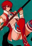  fire_emblem fire_emblem_if hinoka_(fire_emblem_if) holding holding_weapon kazuha_(kazuha1003) lance looking_at_viewer polearm red_eyes red_hair simple_background solo weapon 