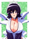  :d bangs black_hair blue_eyes blush breasts choker cleavage collarbone commentary_request flipped_hair floral_background frilled_choker frills hair_between_eyes hair_ornament hairclip iroha_(samurai_spirits) japanese_clothes large_breasts leaning_forward long_sleeves looking_at_viewer maid maid_headdress open_mouth samurai_spirits short_hair smile solo tamezou upper_body 