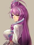  bangs breasts closed_mouth commentary_request covered_nipples don_(rg06268) drill_hair from_side front-tie_top highres large_breasts long_hair long_sleeves looking_at_viewer looking_to_the_side macross macross_delta mikumo_guynemer multicolored_hair purple_hair red_eyes shirt silver_hair smile solo two-tone_hair upper_body very_long_hair white_shirt 