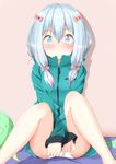  aqua_eyes bangs blush bow closed_mouth eromanga_sensei green_jacket izumi_sagiri jacket long_hair long_sleeves looking_at_viewer mochiyuki no_pants panties silver_hair solo spread_legs twintails underwear white_panties 