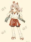  &gt;_&lt; :3 closed_eyes commentary geta hachimaki headband high_ponytail ina_(1813576) japanese_clothes kantai_collection light_brown_hair long_hair long_sleeves ponytail shorts simple_background socks solo star twitter_username wide_sleeves zuihou_(kantai_collection) 