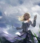  absurdres aenrs armor artoria_pendragon_(all) bare_shoulders blonde_hair cloud cloudy_sky detached_sleeves fate/unlimited_codes fate_(series) gauntlets grass green_eyes highres lips long_hair looking_at_viewer saber saber_lily sheath sky solo sword weapon wind 