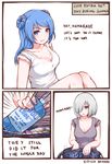  alternate_costume blue_eyes blue_hair breasts casual cleavage commentary contemporary disco_brando double_bun grey_shirt hair_ornament hair_over_one_eye hairclip hamakaze_(kantai_collection) highres kantai_collection large_breasts long_hair multiple_girls shirt short_hair silver_hair sleeves_rolled_up they_had_lots_of_sex_afterwards urakaze_(kantai_collection) white_shirt yuri yuri!!!_on_ice 