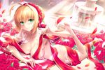  adapted_costume ahoge anklet ass barefoot blonde_hair blurry breasts cleavage commentary_request depth_of_field fate/extra fate_(series) flower fountain green_eyes hair_intakes jewelry kousaki_rui large_breasts light_rays long_hair looking_at_viewer lying nero_claudius_(fate) nero_claudius_(fate)_(all) on_stomach petals rose rose_petals solo the_pose 