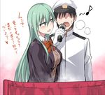  1girl admiral_(kantai_collection) black_hair black_jacket blouse brown_sweater cardigan commentary_request eighth_note gloves green_eyes green_hair hat heart holding holding_microphone ijima_yuu implied_handjob jacket kantai_collection long_hair long_sleeves microphone music musical_note neck_ribbon open_mouth parody red_ribbon ribbon sailor_hat short_hair singing smile suzuya_(kantai_collection) sweater tekoki_karaoke translated white_blouse white_gloves wing_collar 