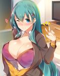  aqua_eyes aqua_hair bad_id bad_pixiv_id blazer blouse blurry blush bra breasts brown_jacket commentary_request depth_of_field hair_between_eyes highres huge_breasts indoors jacket kantai_collection light_smile long_hair looking_at_viewer ogata_aki one_eye_closed open_blazer open_blouse open_clothes open_jacket purple_bra sliding_doors smile solo suzuya_(kantai_collection) television underwear wooden_floor 