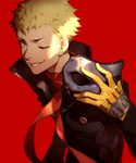 ask_(askzy) blonde_hair brown_eyes gloves male_focus mask mask_removed necktie one_eye_closed persona persona_5 popped_collar red_background sakamoto_ryuuji solo 