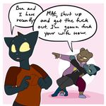  bea_(nitw) bear blue_fur bran_draws_things_(artist) brown_fur cat clothed clothing crocodile crocodilian feline female female/female fully_clothed fur humor mae_(nitw) mammal meme night_in_the_woods red_eyes reptile scalie selmers_(nitw) simple_background text 