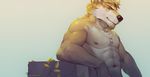  2017 abs anthro arm_support beard biceps biped black_nose blonde_hair canine chest_tuft countershade_torso countershading digital_media_(artwork) dog dog_tags facial_hair fur goatee hair half-length_portrait husky leaning_on_elbow looking_at_viewer male mammal multicolored_fur muscular muscular_male navel nipples nude pecs pink_nipples portrait short_hair signature simple_background smile snout solaxe solo tuft two_tone_fur white_countershading white_fur whiteleonard yellow_fur 