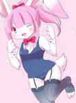  furry kemoribon one_eye_closed pink_hair rabbit school_swimsuit short_hair stocking 