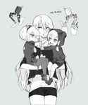  2girls age_regression blue_eyes carrying chewing_gum dress food hair_ornament headband highres hood hood_up long_hair mole mole_under_mouth multiple_girls nier_(series) nier_automata open_mouth pod_(nier_automata) popsicle pullssack robot sharing_food short_hair simple_background smile white_hair yorha_no._2_type_b yorha_no._9_type_s yorha_type_a_no._2 younger 