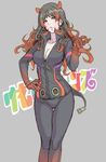  animal_ears black_hair bodysuit breasts brown_eyes cleavage curly_hair grey_background hand_on_hip highres hippopotamus_(kemono_friends) hippopotamus_ears kemono_friends large_breasts long_hair multicolored_hair parted_lips popped_collar red_hair simple_background solo thigh_gap yamashita_shun'ya zipper 
