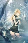  absurdres ass blonde_hair blue_eyes deedlit dress elf fairy flower highres legs lily_(flower) long_hair lying on_stomach petals pointy_ears record_of_lodoss_war short_hair sugina_miki tree wading water wings 