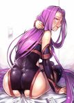  :d ass back bare_shoulders blush breasts elbow_gloves fate/stay_night fate_(series) from_behind gloves highres hijiri large_breasts long_hair looking_at_viewer looking_back open_mouth purple_eyes purple_hair rider sitting smile solo 