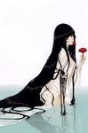  absurdly_long_hair absurdres bangs between_fingers black_eyes black_hair blunt_bangs breasts camellia flower from_side grey_eyes hair_flowing_over head_tilt highres hime_cut holding holding_flower long_hair long_sleeves mole mole_under_eye mouth_hold naked_robe open_clothes original outstretched_hand petals red_flower reflection see-through small_breasts solo sugina_miki very_long_hair wading water wet wet_clothes wet_hair 