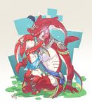  1girl abs artist_name breasts brother_and_sister commentary feet fish_girl fishman full_body gem gills glowing hand_on_another's_face jewelry looking_at_another mipha mojaranmo monster_boy monster_girl muscle scar siblings sidon sitting small_breasts smile the_legend_of_zelda the_legend_of_zelda:_breath_of_the_wild yellow_eyes zora 