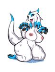  anthro big_breasts blue_eyes breasts claws dragon eyelashes female fur furred_dragon huge_breasts jijis-waifus nipples oh-jiji open_mouth simple_background smile solo thick_thighs white_background white_fur 