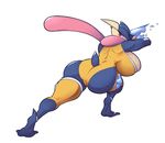  2016 absurd_res amphibian anthro areola back_muscles big_breasts big_butt breasts butt clothed clothing female fishnet fishnet_legwear frog full-length_portrait greninja gwen_(sirphilliam) hi_res huge_breasts legwear licking long_tongue nintendo pok&eacute;mon portrait pose rear_view red_eyes side_boob simple_background solo the-overfiend tight_clothing tongue tongue_out video_games webbed_feet 