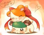  &lt;3 :3 blush bow cappy duo eyes_closed fur hamster hamtaro hamtaro_(series) hat hug huyumikann_(artist) japanese_text male mammal one_eye_closed orange_fur rodent simple_background text whiskers white_fur wink 