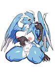  anthro avian beak big_breasts blue_feathers breasts feathers female jijis-waifus nipples oh-jiji one_eye_closed pussy simple_background smile solo white_background white_feathers wings yellow_eyes 