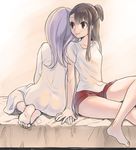  ass back-to-back brown_hair fukuroumori holding_hands kagari_atsuko little_witch_academia long_hair multiple_girls on_bed pajamas pink_hair red_eyes red_shorts shirt shorts sidelocks sitting sucy_manbavaran white_shirt yuri 