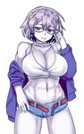  abs adjusting_eyewear alternate_hairstyle ass_visible_through_thighs belt bespectacled breasts choker cleavage closed_mouth collarbone cowboy_shot crop_top denim denim_shorts earrings expressionless glasses groin huge_breasts jacket jewelry lich_(monster_girl_encyclopedia) looking_at_viewer monster_girl_encyclopedia muscle muscular_female nav navel off_shoulder purple_eyes purple_hair short_hair short_shorts shorts solo unbuckled_belt unbuttoned white_choker white_skin 