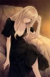  absurdres black_dress blonde_hair breasts cleavage dress frills grey_eyes hair_over_one_eye highres large_breasts lips long_hair pp:_pianissimo sitting solo souma_aoi sugina_miki 
