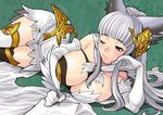  ;/ animal_ears bangs bare_shoulders black_eyes blunt_bangs blush breasts cleavage closed_mouth commentary_request dress elbow_gloves erune gloves granblue_fantasy hair_ornament korwa large_breasts long_hair lying mismatched_legwear on_side paper quill sidelocks silver_hair solo thighhighs white_dress white_gloves writing yukiyanagi 