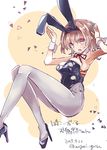  2017 animal_ears arms_up black_leotard brown_eyes brown_hair bunny_ears bunnysuit buttons character_name dated detached_collar fang high_heels kantai_collection kinu_(kantai_collection) leotard meguri_uguisu pantyhose red_ribbon ribbon short_hair sitting solo strapless strapless_leotard tail twitter_username wrist_cuffs 