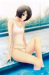  absurdres black_eyes black_hair bob_cut breasts chain-link_fence day fence highres kara_no_shoujo leg_up looking_down one-piece_swimsuit open_mouth outdoors parted_lips pool poolside ripples school_swimsuit short_hair sitting small_breasts soaking_feet solo sugina_miki swimsuit tokisaka_yukari water wet white_school_swimsuit white_swimsuit 