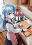  :o akabane_hibame apron bangs black_skirt blue_eyes blue_hair borscht_(food) cabinet carrot commentary_request cooking counter cutting_board eyebrows_visible_through_hair food from_above from_side hair_between_eyes hibiki_(kantai_collection) holding holding_food holding_knife indoors kantai_collection kitchen kitchen_knife knife long_hair long_sleeves looking_at_viewer looking_to_the_side open_mouth pink_apron pleated_skirt pot school_uniform serafuku shirt skirt solo stove verniy_(kantai_collection) white_shirt window wooden_floor 