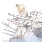  bare_shoulders blonde_hair blue_eyes braid cannon crown dress french_braid globus_cruciger hairband jewelry kantai_collection long_hair long_sleeves machinery mini_crown necklace nogiguchi_kohiro off-shoulder_dress off_shoulder scepter simple_background solo standing turret warspite_(kantai_collection) white_background 