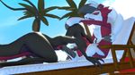  2017 3d_(artwork) abra_the_kadabra claws digital_media_(artwork) duo eyes_closed female fur lycanroc male midnight_lycanroc nintendo open_mouth outside penis pok&eacute;mon red_eyes red_fur salazzle source_filmmaker teeth tongue tree video_games white_fur 