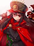  &gt;:) belt black_hair black_shirt cape closed_mouth commentary_request crossed_arms family_crest fate/grand_order fate_(series) floral_background hat japanese_clothes long_hair long_sleeves looking_at_viewer matryoshka_(borscht) military military_hat military_uniform oda_nobunaga_(fate) oda_uri peaked_cap red_cape red_eyes shirt sidelocks smile solo uniform upper_body v-shaped_eyebrows 