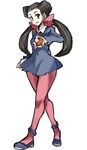  :d black_hair blue_dress blue_footwear breasts brown_eyes collared_dress cravat crossed_legs dress eyelashes forehead full_body gym_leader hair_ribbon hair_rings holding holding_poke_ball karuishi long_hair long_sleeves looking_at_viewer open_mouth pantyhose pink_legwear pink_ribbon poke_ball pokemon pokemon_(game) pokemon_rse puffy_long_sleeves puffy_sleeves ribbon shoes short_dress simple_background small_breasts smile solo thick_thighs thighs tsutsuji_(pokemon) twintails walking white_background 