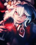  alcohol blurry cup drinking_glass fangs fingernails fixelcat flower hat hat_flower koumajou_densetsu long_fingernails looking_at_viewer mob_cap open_mouth red_eyes remilia_scarlet short_hair silver_hair slit_pupils smile solo sparkle touhou upper_body wine wine_glass 