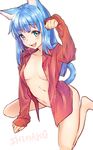  :d animal_ears artist_name bangs bare_legs blue_hair blush breasts bunny buttons cat_ears cat_girl cat_tail collarbone collared_shirt commentary_request dress_shirt eyebrows_visible_through_hair fang green_eyes konno_shimako long_hair looking_at_viewer medium_breasts naked_shirt navel open_clothes open_mouth open_shirt original paw_pose red_shirt shirt signature simple_background sleeves_past_wrists smile solo straight_hair tail white_background wing_collar 