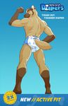  advertisement anthro bottomless canine clothed clothing colt3n diaper dog ear_piercing flexing furgonomics male mammal muscular muscular_male piercing pose solo topless 