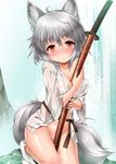  animal_ears blush bottomless breasts covered_nipples holding holding_sword holding_weapon inubashiri_momiji kei_kei looking_at_viewer medium_breasts off_shoulder red_eyes sash sheath sheathed silver_hair socks solo sword tail touhou weapon wet wet_clothes wet_hair white_legwear wolf_ears wolf_tail 